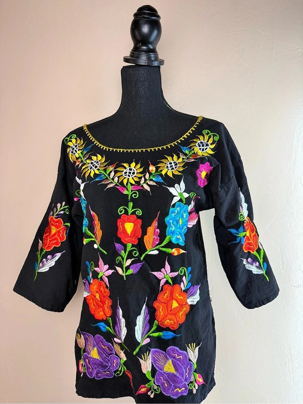 Embroidered Floral Tunic in Black & Multicolor